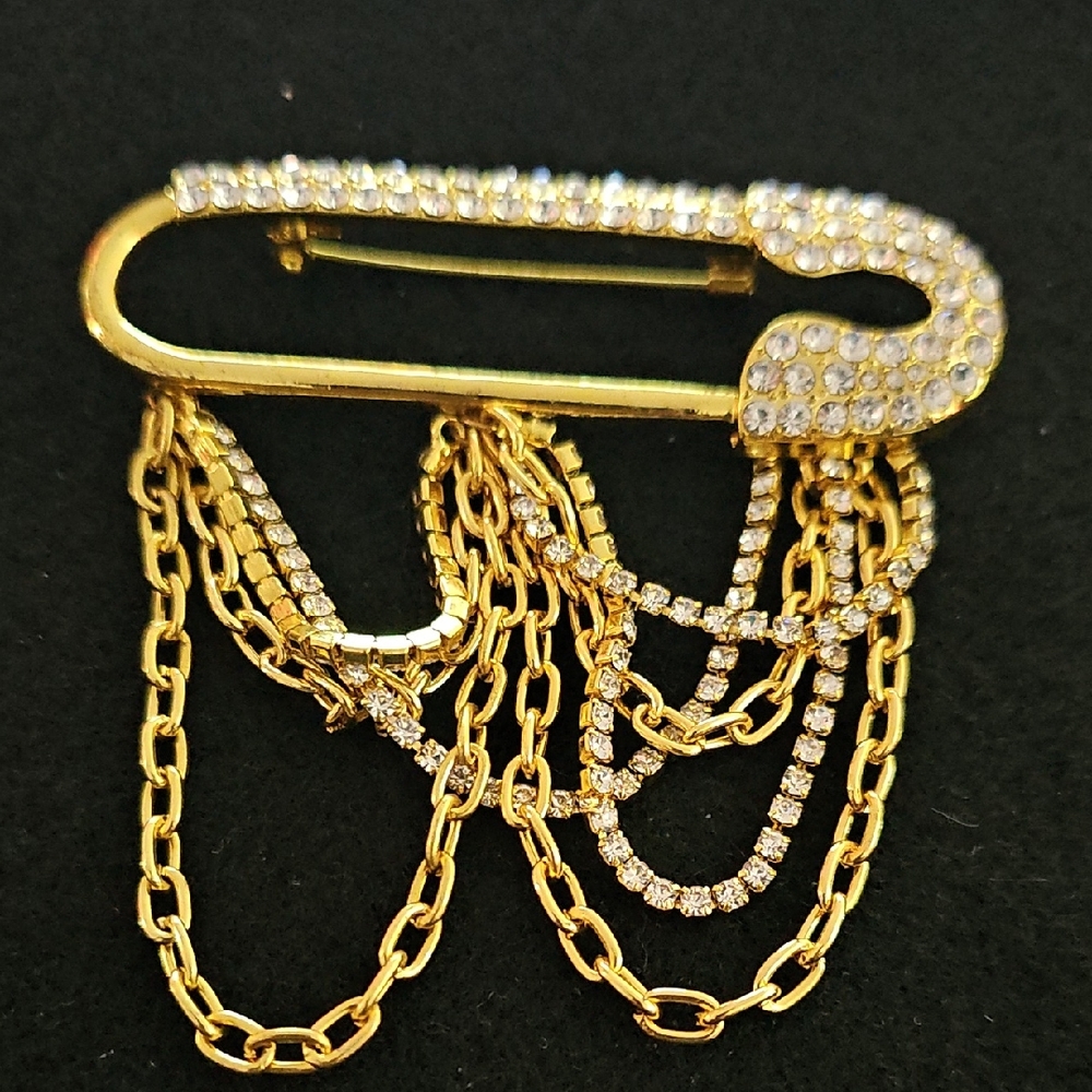 Gold and Crystal Accent Chain Brooch